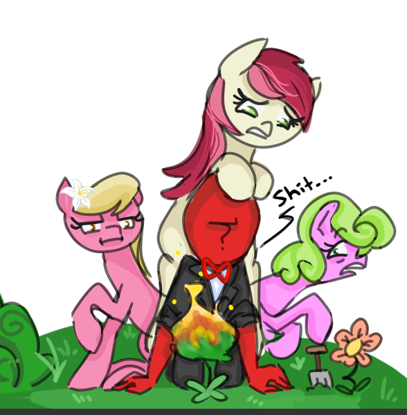 Size: 784x800 | Tagged: 8chan, artist:anonymous, daisy, derpibooru import, fire, flower, flower trio, flower wishes, human, lily, lily valley, oc, oc:anon, /pone/, roseluck, safe, vulgar