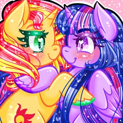 Size: 2000x2000 | Tagged: safe, artist:audra-hime, derpibooru import, sunset shimmer, twilight sparkle, twilight sparkle (alicorn), alicorn, pony, boop, female, heart eyes, lesbian, mare, noseboop, shipping, smiling, sunsetsparkle, wingding eyes