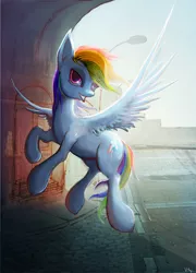 Size: 3600x5000 | Tagged: artist:vitaj, city, derpibooru import, flying, looking at you, rainbow dash, safe, solo, street, underpass