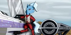 Size: 2812x1400 | Tagged: artist:nordhoof, clothes, crossover, derpibooru import, flight suit, pilot, poe dameron, safe, semi-anthro, smirk, solo, starfighter, star wars, star wars: the force awakens, trixie, x-wing