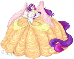 Size: 2100x1669 | Tagged: suggestive, artist:blues64, artist:tatara94, color edit, derpibooru import, edit, princess cadance, alicorn, anthro, air nozzle, ass, big breasts, breasts, busty princess cadance, cleavage, clothes, colored, crown, dress, female, gem, gown, horn, huge breasts, huge butt, huge tail, impossibly large breasts, impossibly large butt, impossibly large dress, inflatable, inflatable anthro mare, inflatable dress, inflation, large butt, large wings, latex, mane, poofy shoulders, rubber, rubberquestria, shiny, solo, solo female, story included, tail, wings