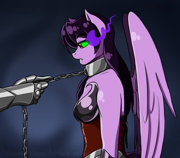 Size: 1280x1125 | Tagged: anthro, artist:hasana-chan, brainwashed, brainwashing, chains, clothes, collar, corrupted, corset, derpibooru import, eye mist, female, gauntlet, mind control, oc, oc:hasana-chan, pegasus, safe, shackles, slave, sombra eyes, unofficial characters only