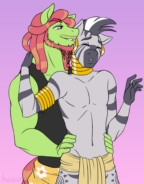 Size: 1280x1640 | Tagged: suggestive, artist:hasana-chan, derpibooru import, tree hugger, zecora, anthro, earth pony, zebra, bare chest, beard, clothes, duo, facial hair, gay, gold, hug, male, neck rings, rule 63, topless, treecora, tree top, zircon