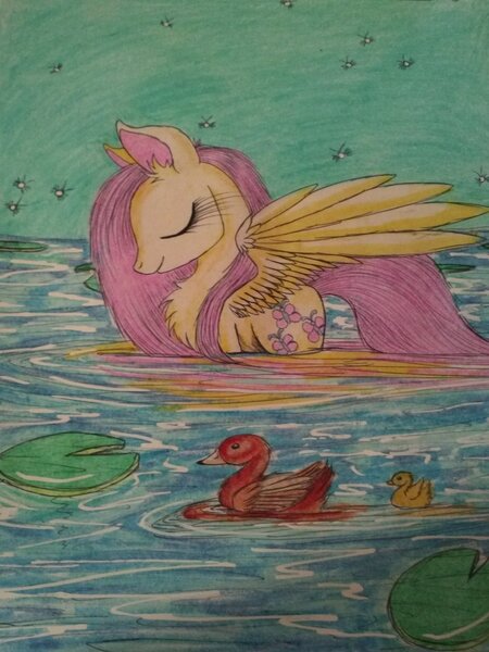 Size: 1024x1365 | Tagged: safe, artist:penkatshi, derpibooru import, fluttershy, duck, pegasus, pony, swan, chest fluff, female, mare, pond, sketch, traditional art, water