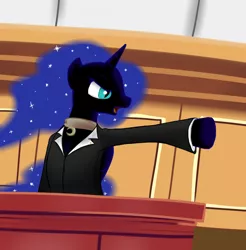 Size: 670x681 | Tagged: safe, artist:theparagon, derpibooru import, oc, oc:nyx, unofficial characters only, alicorn, pony, ace attorney, alicorn oc, mia fey, nightmare nyx, objection, pun, solo, visual pun