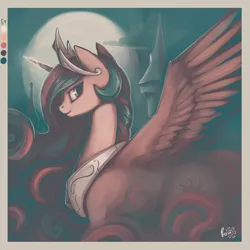 Size: 3000x3000 | Tagged: safe, artist:rain-gear, derpibooru import, princess celestia, alicorn, pony, beautiful, castle, color palette challenge, crown, cutie mark, ethereal mane, ethereal tail, female, flowing mane, flowing tail, full moon, jewelry, limited palette, looking at you, mare, moon, multicolored mane, multicolored tail, night, regalia, royalty, smiling, solo, spread wings, tiara