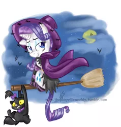 Size: 751x790 | Tagged: artist:vago-xd, bat, broom, cape, cat, clinging, clothes, cloud, costume, derpibooru import, flying, flying broomstick, full moon, hat, looking back, looking up, moon, night, nightmare night, night sky, opalescence, part of a set, rarity, safe, sitting, smiling, socks, spider, striped socks, witch, witch hat