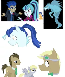Size: 821x974 | Tagged: artist:pancakecomics, derpibooru import, derpy hooves, hybrid, interspecies offspring, oc, oc:bumble bee, oc:clock work, offspring, parent:derpy hooves, parent:doctor whooves, parent:flash sentry, parents:doctorderpy, parent:sonata dusk, parents:senata, safe, simple background, siren, unofficial characters only, white background