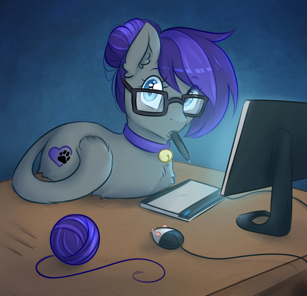 Size: 3000x2895 | Tagged: artist:askbubblelee, bell, bell collar, cat pony, collar, computer, computer mouse, cute, derpibooru import, digital art, drawing, ear fluff, fluffy, glasses, hair bun, monitor, oc, oc:cat pony, original species, ponyloaf, ponysona, pun, safe, solo, table, tablet, tablet drawing, unofficial characters only, visual pun, yarn ball