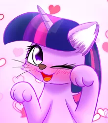 Size: 1200x1364 | Tagged: :3, artist:phoenixperegrine, blushing, cat, cute, derpibooru import, open mouth, paws, safe, solo, species swap, twiabetes, twilight cat, twilight sparkle, wink