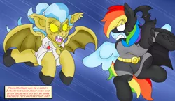 Size: 3152x1824 | Tagged: artist:blackbewhite2k7, batarang, batman, batmare, chase, crossover, derpibooru import, doctor fauna, flying, manbat, rainbow dash, safe, sketch, wip