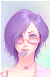 Size: 1240x1860 | Tagged: alternate hairstyle, artist:figgot, condom, condom in mouth, derpibooru import, female, human, humanized, looking at you, mouth hold, necklace, rarity, short hair, solo, solo female, suggestive