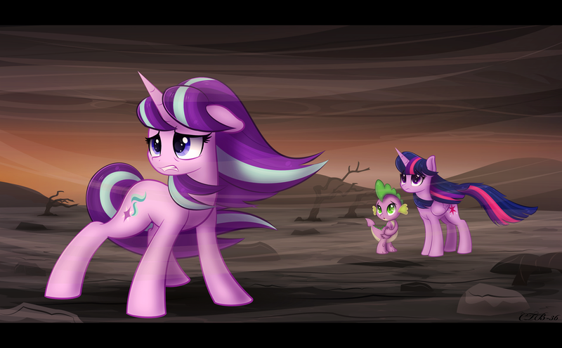 Size: 1688x1045 | Tagged: safe, artist:ctb-36, derpibooru import, spike, starlight glimmer, twilight sparkle, twilight sparkle (alicorn), alicorn, pony, the cutie re-mark, alternate timeline, ashlands timeline, barren, female, implied genocide, mare, post-apocalyptic, scene interpretation, wasteland, windswept mane