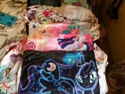 Size: 2592x1944 | Tagged: safe, derpibooru import, applejack, fluttershy, pinkie pie, princess luna, rainbow dash, rarity, twilight sparkle, twilight sparkle (alicorn), alicorn, pony, alicornified, applecorn, balloon, cd case, fluttercorn, mane six, pillow, pillowcase, pinkiecorn, race swap, rainbowcorn, raricorn, trash can