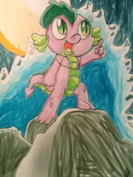 Size: 720x960 | Tagged: artist:chiptunebrony, barb, comic cover, copic, derpibooru import, excited, heroic posing, manga style, moon, night sky, open mouth, pointing, rock, rule 63, safe, smiling, solo, spike, standing, tidal wave, traditional art