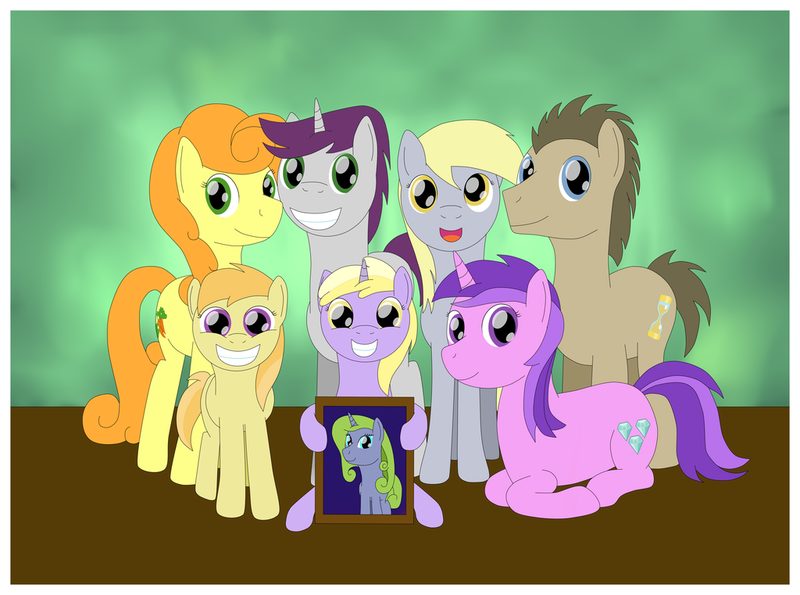 Size: 1024x761 | Tagged: safe, artist:allonsbro, derpibooru import, amethyst star, carrot top, derpy hooves, dinky hooves, doctor whooves, forsythia, golden harvest, noi, time turner, written script, pegasus, pony, equestria's best daughter, equestria's best family, equestria's best father, equestria's other best daughter, family, female, goldenscript, headcanon, male, mare, photo, shipping, story included, straight