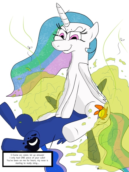 Size: 1200x1600 | Tagged: derpibooru import, domination, face fart, facesitting, fart, fart fetish, flies, gas, princess, princess celestia, princess luna, questionable, solar wind