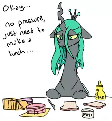 Size: 710x768 | Tagged: artist:nobody, bread, bugmom, cheese, derpibooru import, dialogue, female, food, kid anon, mayonnaise, mustard, part of a set, queen chrysalis, safe, sauce, simple background, skub, solo, white background