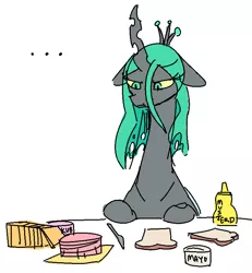 Size: 710x768 | Tagged: artist:nobody, bread, bugmom, cheese, derpibooru import, female, food, kid anon, knife, mayonnaise, mustard, part of a set, queen chrysalis, safe, sandwich, sauce, simple background, skub, solo, white background