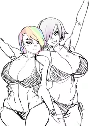 Size: 1280x1810 | Tagged: suggestive, artist:maniacpaint, derpibooru import, gilda, rainbow dash, human, abs, armpits, bedroom eyes, big breasts, bikini, black and white, breasts, busty gilda, busty rainbow dash, cleavage, clothes, female, females only, grayscale, humanized, image, jpeg, monochrome, neo noir, partial color, sketch, stupid sexy gilda, stupid sexy rainbow dash, swimsuit