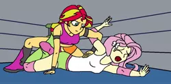 Size: 1024x502 | Tagged: safe, artist:avispaneitor, derpibooru import, fluttershy, sunset shimmer, equestria girls, clothes, equestria girls outfit, equestria girls wrestling series, midriff, sports bra, submission, submission hold, tanktop, wrestling