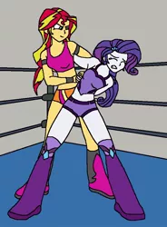 Size: 692x940 | Tagged: safe, artist:avispaneitor, derpibooru import, rarity, sunset shimmer, equestria girls, clothes, equestria girls wrestling series, midriff, sports bra, wrestling, wrestling ring