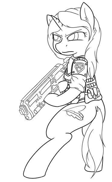 Size: 866x1400 | Tagged: safe, artist:monanniverse, derpibooru import, oc, oc:mona, unofficial characters only, pony, semi-anthro, bipedal, grayscale, gun, monochrome, simple background, solo, weapon, white background, x-com, xcom 2