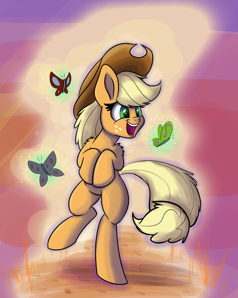 Size: 1000x1250 | Tagged: safe, artist:heir-of-rick, derpibooru import, applejack, butterfly, pony, daily apple pony, bipedal, cute, impossibly large ears, jackabetes, silly, silly pony, smiling, solo