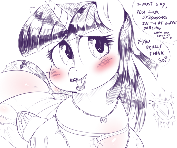 Size: 1000x833 | Tagged: suggestive, artist:sirmasterdufel, derpibooru import, rarity, twilight sparkle, twilight sparkle (alicorn), alicorn, pony, ass, blushing, chubby, clothes, cute, dialogue, dress, eyelashes, fat, female, lipstick, magic, mare, measuring tape, necklace, obese, offscreen character, plot, solo, solo female, speech bubble, torn clothes, twiabetes, twibutt, twilard sparkle, wardrobe malfunction, weight gain