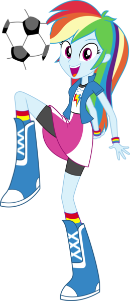 Size: 6184x14328 | Tagged: safe, artist:sugar-loop, derpibooru import, rainbow dash, equestria girls, .ai available, .svg available, absurd resolution, ball, boots, clothes, compression shorts, football, looking at you, open mouth, rainbow socks, simple background, skirt, socks, solo, striped socks, transparent background, vector, wristband