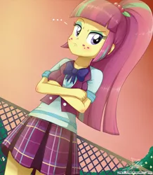 Size: 850x976 | Tagged: safe, artist:the-butch-x, derpibooru import, sour sweet, equestria girls, friendship games, bowtie, clothes, crossed arms, crystal prep academy, crystal prep academy uniform, female, fence, freckles, pleated skirt, ponytail, school uniform, signature, skirt, solo, vest