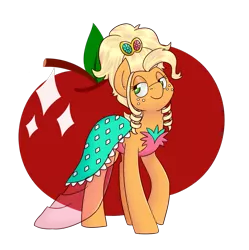 Size: 1067x1070 | Tagged: safe, artist:melodicmarzipan, artist:notenoughapples, derpibooru import, applejack, earth pony, pony, alternate hairstyle, apple, applejewel, clothes, collaboration, dress, food, jewelry, simple background, solo, transparent background