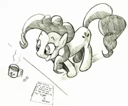 Size: 1280x1066 | Tagged: artist:matugi, black and white, coffee, derpibooru import, food, grayscale, grin, heart, letter, monochrome, pinkie found the coffee, pinkie pie, prank, safe, solo, sugarcube, traditional art, xk-class end-of-the-world scenario