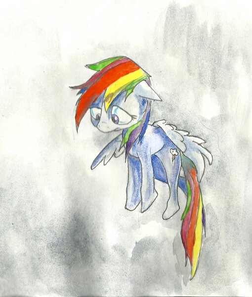 Size: 1089x1280 | Tagged: safe, artist:matugi, derpibooru import, rainbow dash, sad, solo, traditional art, watercolor painting