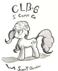 Size: 1062x1307 | Tagged: safe, artist:matugi, derpibooru import, pinkie pie, army helmet, black and white, grayscale, helmet, monochrome, smiling, solo, traditional art