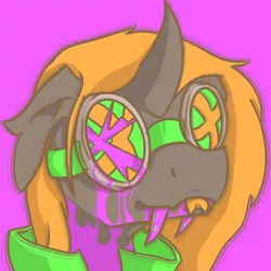 Size: 1024x1024 | Tagged: safe, artist:unpeeledwasp, derpibooru import, oc, oc:caz, unofficial characters only, changeling, drugs, goggles, neon, portrait, solo, tongue out