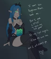 Size: 1280x1485 | Tagged: artist:jonfawkes, dark skin, derpibooru import, elf ears, female, human, humanized, looking at you, queen chrysalis, series:nightmare war, solo, solo female, suggestive