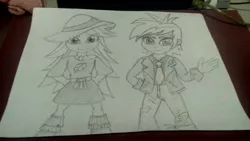 Size: 3328x1872 | Tagged: safe, derpibooru import, sweet leaf, thunderbass, equestria girls, background human, clothes, equestria girls minis, monochrome, sketch, skirt, soren "thunderbass" skyler, traditional art