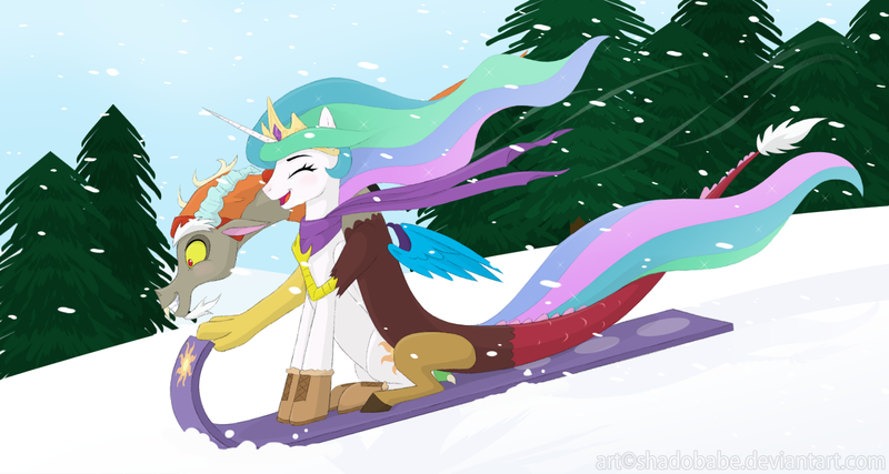 Size: 1500x800 | Tagged: artist:shadobabe, clothes, derpibooru import, discord, fir tree, princess celestia, safe, scarf, sled, sledding, smiling, snow, snowfall