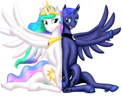 Size: 1280x1024 | Tagged: safe, artist:vasillium, derpibooru import, princess celestia, princess luna, alicorn, pony, back to back, prince artemis, rule 63, simple background, unshorn fetlocks, white background