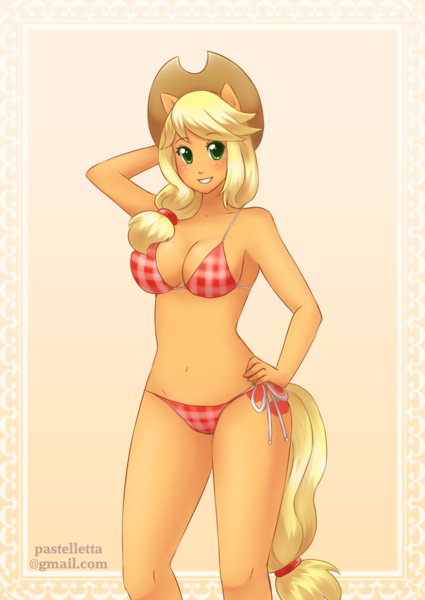 Size: 1450x2048 | Tagged: anthro, applejack, armpits, artist:meltyvixen, belly button, bicolor swimsuit, bikini, breasts, busty applejack, cleavage, clothes, derpibooru import, female, hat, orange skin, plaid swimsuit, pony coloring, red swimsuit, side-tie bikini, solo, solo female, string bikini, suggestive, swimsuit