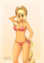 Size: 1450x2048 | Tagged: anthro, applejack, armpits, artist:meltyvixen, belly button, bicolor swimsuit, bikini, breasts, busty applejack, cleavage, clothes, derpibooru import, female, hat, orange skin, plaid swimsuit, pony coloring, red swimsuit, side-tie bikini, solo, solo female, string bikini, suggestive, swimsuit