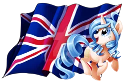 Size: 1024x683 | Tagged: safe, artist:centchi, derpibooru import, oc, oc:opuscule antiquity, unofficial characters only, pony, unicorn, british, english, female, flag, mare, solo, union jack, watermark