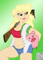 Size: 1662x2309 | Tagged: suggestive, artist:gingerthefox, artist:marno, derpibooru import, applejack, pig, equestria girls, axe, belly button, breasts, cleavage, clothes, collaboration, daisy dukes, female, fingerless gloves, gloves, humanized, lipstick, midriff, open clothes, open shirt, shorts, solo