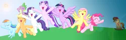 Size: 3500x1113 | Tagged: safe, artist:majkashinoda626, derpibooru import, applejack, fluttershy, pinkie pie, rainbow dash, rarity, spike, starlight glimmer, sunset shimmer, twilight sparkle, twilight sparkle (alicorn), alicorn, pony, the cutie re-mark, drama, female, friends are always there for you, mane nine, mane seven, mane six, mare, replaced, starlight drama