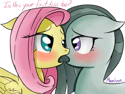 Size: 1280x960 | Tagged: suggestive, artist:thealjavis, derpibooru import, fluttershy, marble pie, earth pony, pegasus, pony, blushing, female, imminent kissing, lesbian, looking at each other, marbleshy, mare, shipping, simple background, transparent background