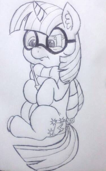 Size: 535x859 | Tagged: artist:gingerthefox, clothes, cosplay, costume, derpibooru import, glasses, harry potter, monochrome, safe, solo, twilight sparkle, wand