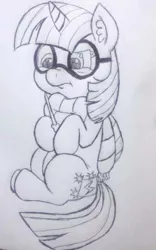 Size: 535x859 | Tagged: artist:gingerthefox, clothes, cosplay, costume, derpibooru import, glasses, harry potter, monochrome, safe, solo, twilight sparkle, wand