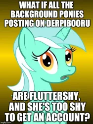 Size: 450x600 | Tagged: conspiracy lyra, derpibooru import, fluttershy, gradient background, lyra heartstrings, meme, op, op is fluttershy, safe, simple background, yellow background