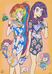 Size: 671x956 | Tagged: safe, artist:jowybean, derpibooru import, opalescence, rainbow dash, rarity, scootaloo, sweetie belle, tank, human, anime, cheongsam, chibi, clothes, fan, humanized, manga, style emulation, takahashi rumiko